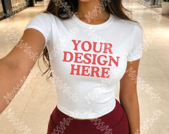 White Baby Tee Bella Canvas Mockup, Bella Canvas 1010 Cropped Baby Tee Mockup, Selfie BC1010 Baby Tee Y2K Mockups, Crop Top Lifestyle Mockup
