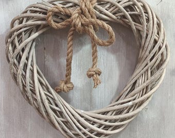 Grey washed wicker heart hessian bow hanger