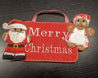 Gingerbread men Christmas decoration wall hanger Santa and Mrs Claus merry Christmas sign