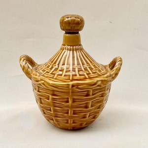 Vintage French Calvados Liqueur Ceramic Bottle with Handle Woven Wicker Decor Stopper 1960 Made in France Pot Carafe Dame Jeanne