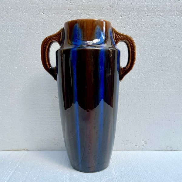 Grand Vase 33 cm ART NOUVEAU en céramique marron et bleu vintage 1920 Vallauris