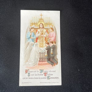 Ancienne Image pieuse française Jésus Christ sacré Coeur Communion XX 1900 1920 Carte religieuse de prière fleurs ange Dieu colombe lys
