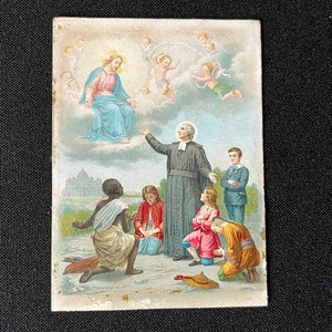 Ancienne Image pieuse française Jésus anges Evêque  croyants XX 1930 Carte religieuse de prière ange Dieu Made in FRANCE monde universel