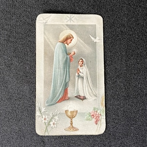 Ancienne Image pieuse française Jésus Christ sacré Coeur Communion XX 1930 1940 Carte religieuse de prière fleurs ange Dieu colombe lys