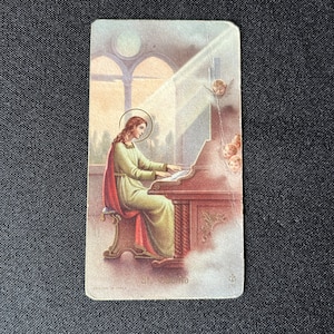 Antieke Franse vrome afbeelding Sint Cecilia op het orgel Eerste communie XX 1920 1930 Religieuze kaart Gebedskaart Altaar God FRANKRIJK