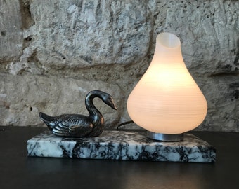 Art Deco night light lamp in marble with swan and white streaked glass 1930 made in France vintage