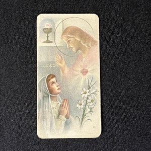 Ancienne Image pieuse française Jésus Christ sacré Coeur Communion XX 1930 1940 Carte religieuse de prière fleurs ange Dieu colombe lys
