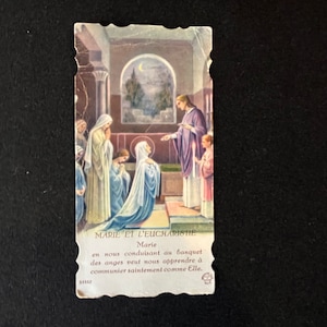Ancienne Image pieuse française Marie et L'Eucharistie XX 1900 1930 Carte religieuse de prière religieuse ange Dieu communion Made in FRANCE
