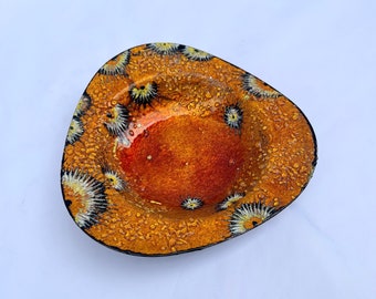 Vide-poches coupelle Psychédélique orange vintage 1960 1970 des Émaux de Limoges Made in France Pop Art émail sur cuivre DUBAN et CRISTEL