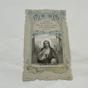 Ancienne Image pieuse française Jésus Christ sacré Coeur Communion XIX XX 1900 Carte religieuse de prière pain  ange Dieu colombe lys vin