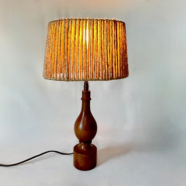 Philippe Capelle table lamp vintage 1970 in waxed turned wood rope lampshade Bedside Made in France Shabby Chic old 20th French