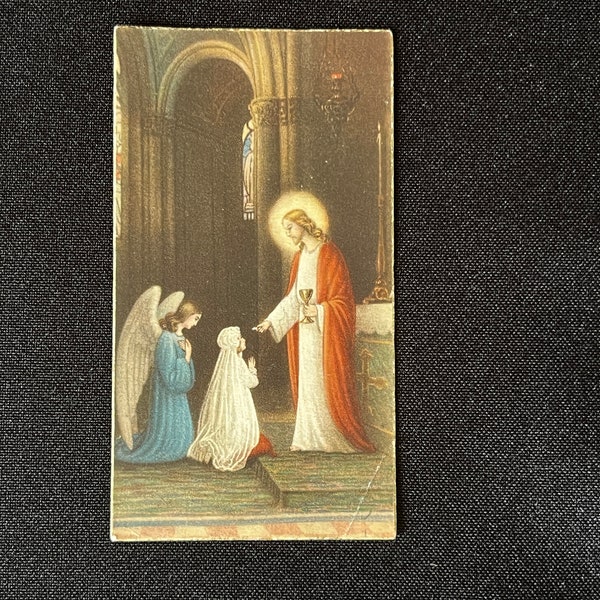 Antique French Pious Image Jesus Angel Communion XX 1930 1940 Religious Prayer Card God Made in FRANCE Jesus Christ Reliquary
