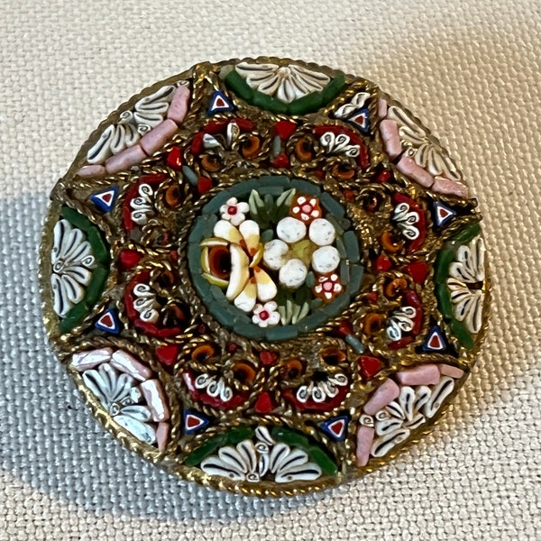 3 cm - Broche antique  Millefiori Micro Mosaïque de fleurs Italie vintage ancien 1900 - 1930