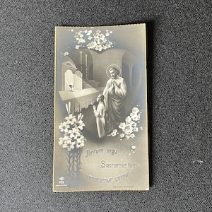Oude Franse vrome afbeelding Jezus Christus Heilig Hart Communie XX 1930 1940 Religieuze gebedskaart bloemen engel God duif lelie