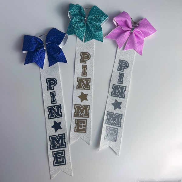 PIN ME KEYCHAIN white cheer bow cute glitter cheerleading keyring personalised with your name for your competition bag