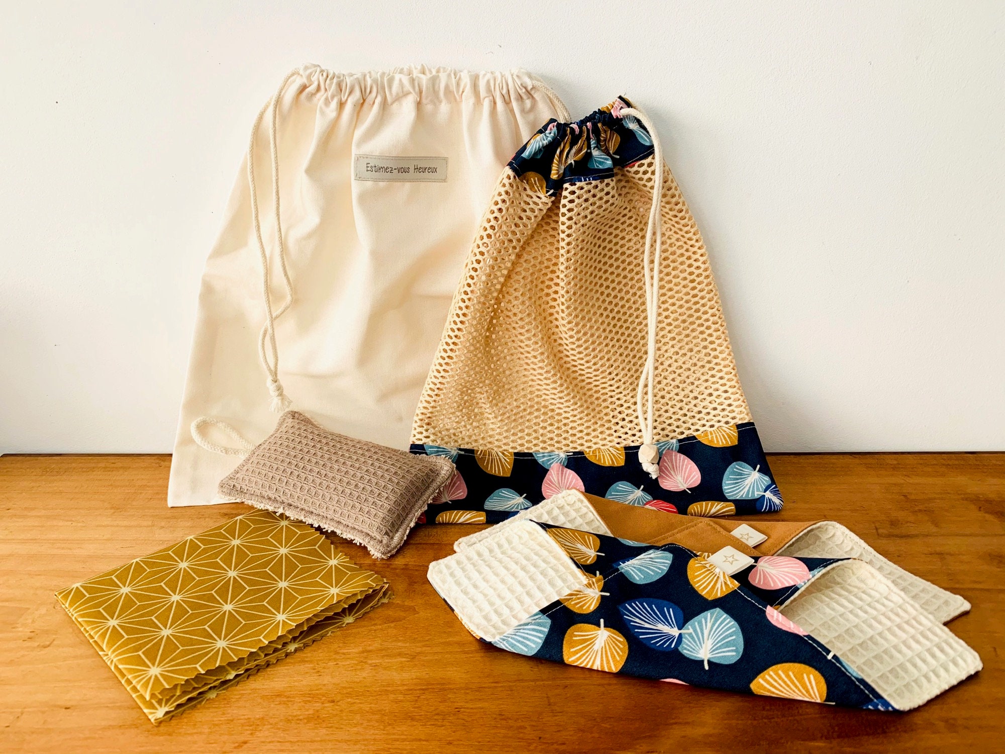 Kit Découverte Zero Dechet Cuisine - Sac à Vrac/Sac Filet/Beewrap/Éponge/Essuie-Tout Idée Cadeau Art