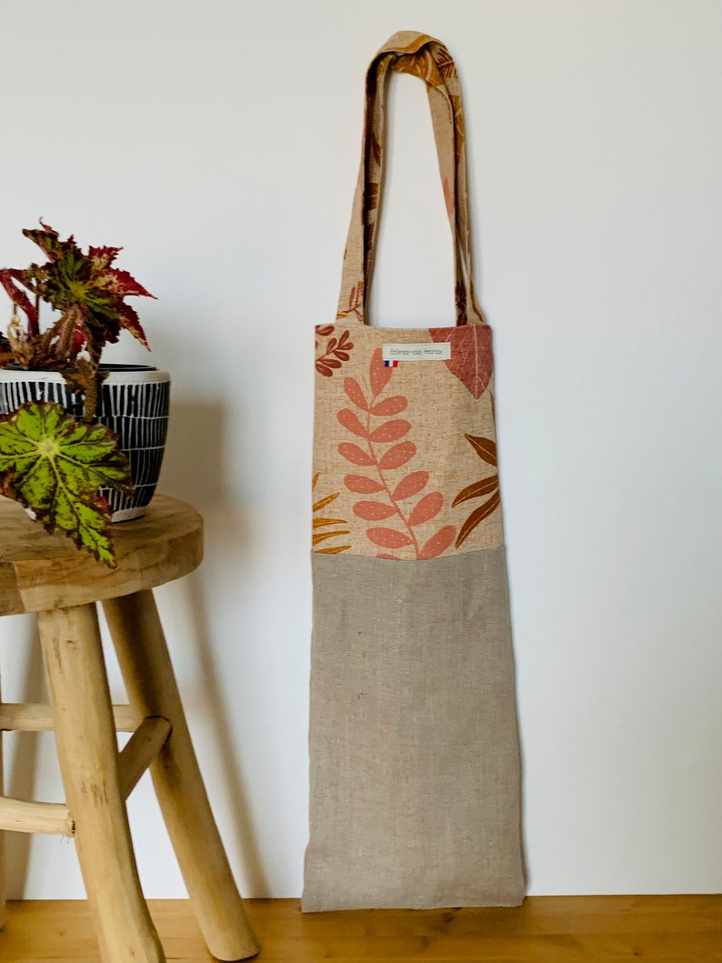 Sac à baguettes/à pain doublé, résistant, en lin et tissus oeko tex ou bio Zéro déchet fabrication artisanale Feuille