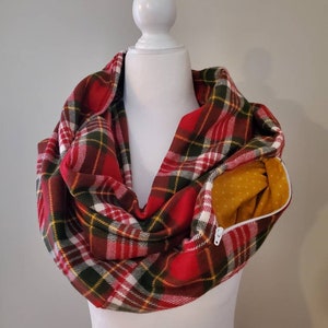 Flannel Zipper Pocket Scarf / Infinity Scarf / Hidden Pocket Scarf