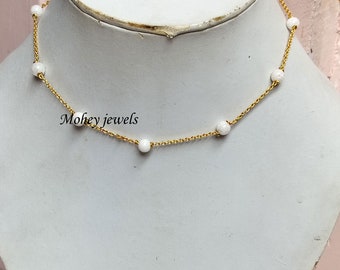 Protective Freshwater White Pearl Chain Necklace, Pearl Gemstone Necklace, June Birthstone Necklace, Beads Necklace, 14K Gold Necklace