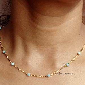 Natural Larimar Necklace, Bead Birthstone Necklace, Dainty Gold Necklace, Blue Bead Necklace, Sterling 14 k Gold, Rose Gold Filled Gift