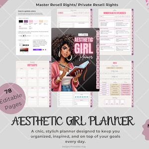 Puede incluir: Una agenda estética para chicas con 78 páginas editables. La agenda incluye secciones para cumpleaños, ejercicios de mindfulness y más. La portada presenta una ilustración de una mujer sosteniendo un bolígrafo y un cuaderno. Se muestra el texto "Aesthetic Girl Planner".