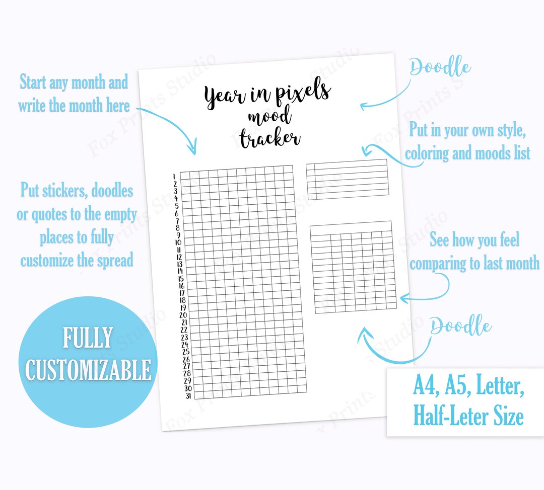 Year in Pixels Mood Tracker Printable, Bullet Journal Printable ...