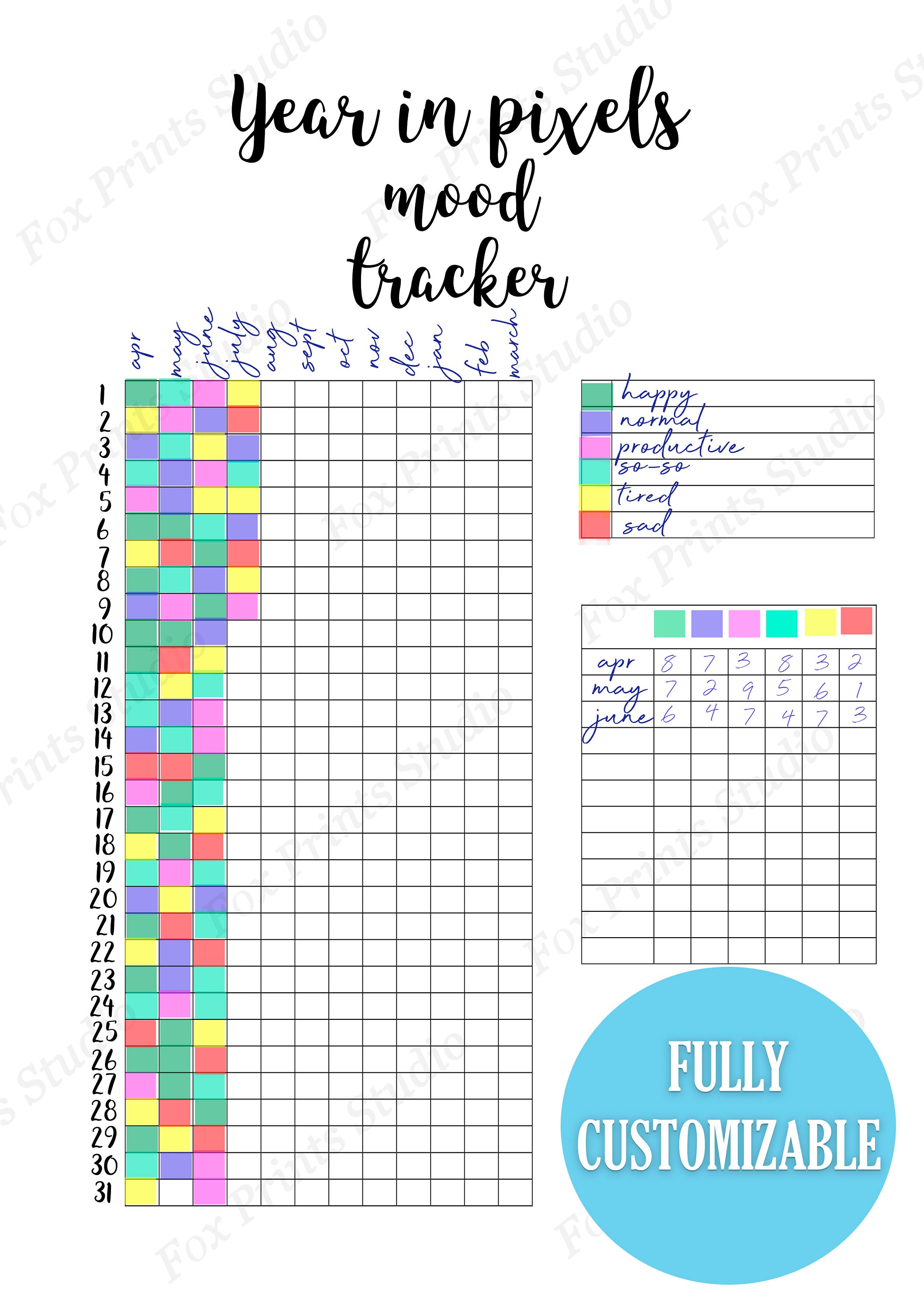 Year in Pixels Mood Tracker Printable, Bullet Journal Printable ...