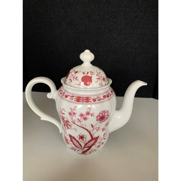 Vintage red white barock  floral german tea kettle with lid