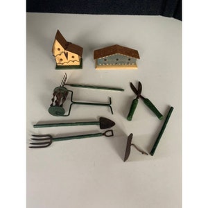 Bear doll sized gardening tools birdhous