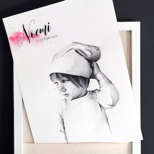 Ritratto da foto ad acquarello, in bianco e nero, disegnato a mano su ordinazione
