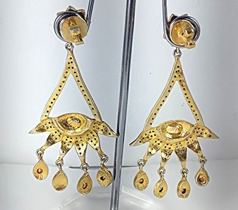 925 Sterling Silver Pave Diamond Earring with Rose Cut Diamond Earring Blue Sapphire Earring Victorian Handmade Earring