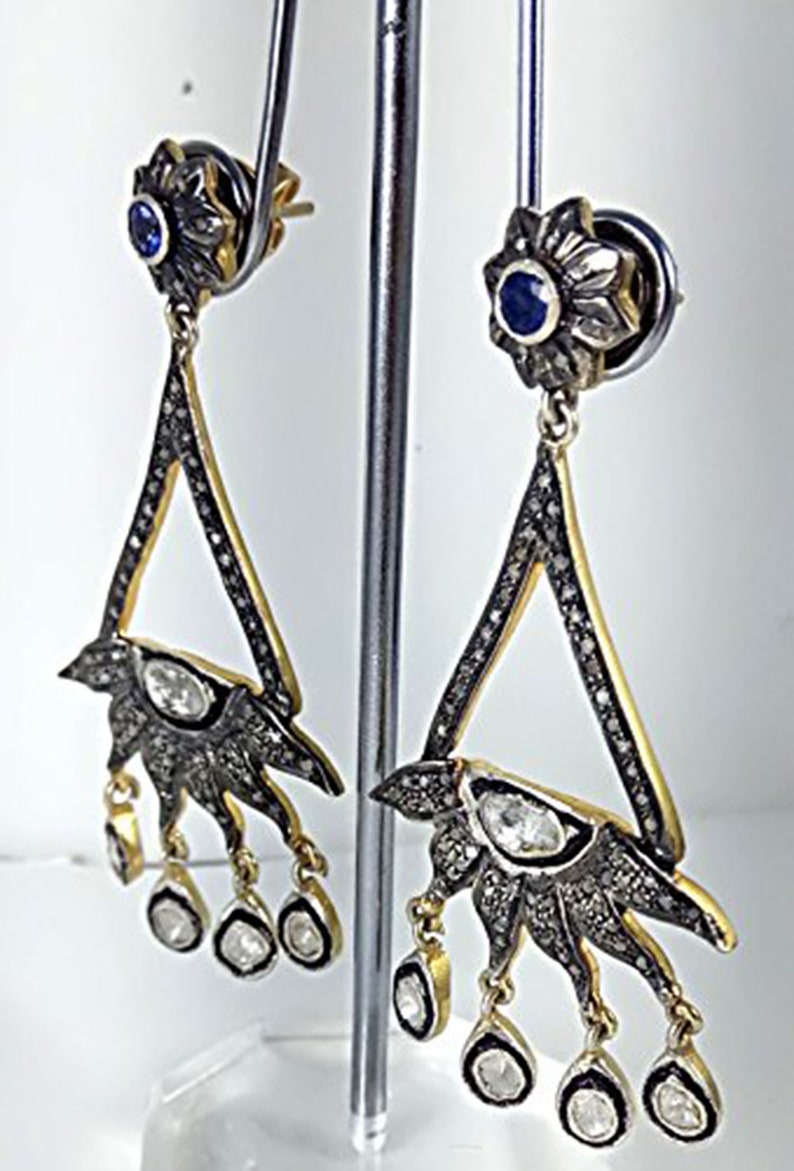 925 Sterling Silver Pave Diamond Earring with Rose Cut Diamond Earring Blue Sapphire Earring Victorian Handmade Earring