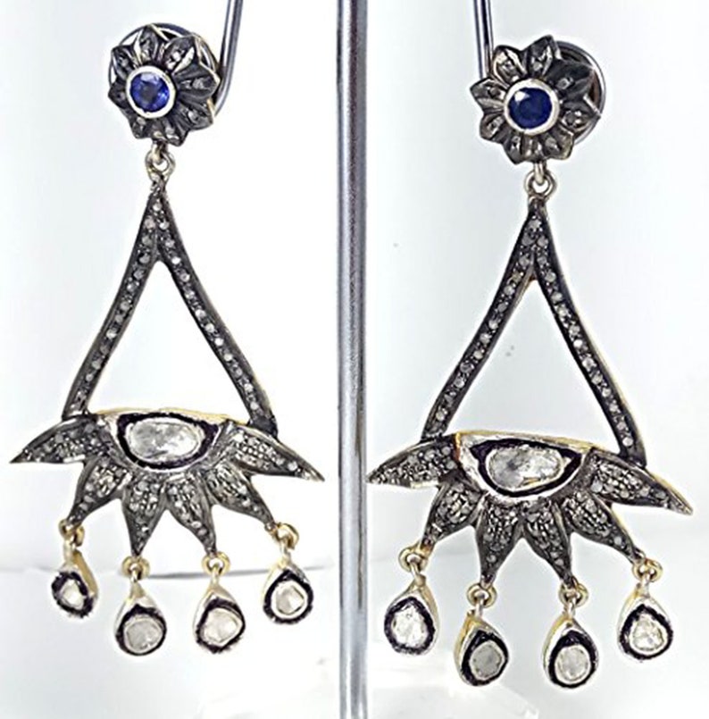 925 Sterling Silver Pave Diamond Earring with Rose Cut Diamond Earring Blue Sapphire Earring Victorian Handmade Earring