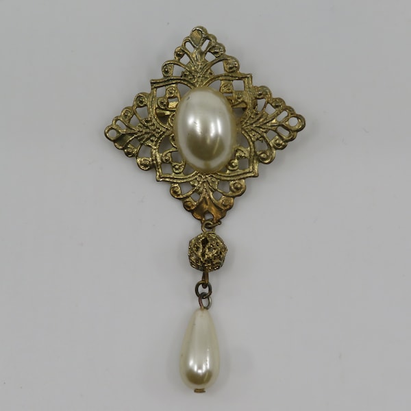 Delicate Faux Gold and Pearl Brooch