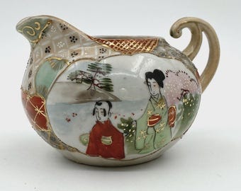 Vintage Japanese Kutani 2-3/4" Ceramic Creamer with Hand Painted Geisha or Japanese Couple & Landscape Design