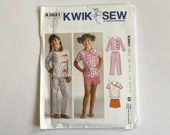 girls pajama sewing pattern | kwik sew 3831 | pullover top pull-on pants shorts | elastic waist | XS4-5 S6 M7-8 L10 XL12-14