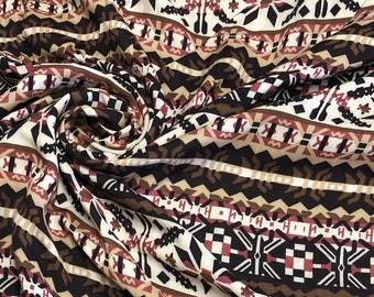 maroon, cream, black, brown rayon challis aztec stripe | fabric by the yard