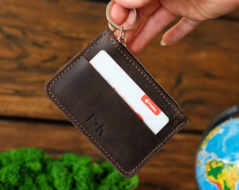 Personalized keychain wallet leather Custom card holder key chain Small pouch Mini coin purse key fob Genuine leather card holder Dad gift