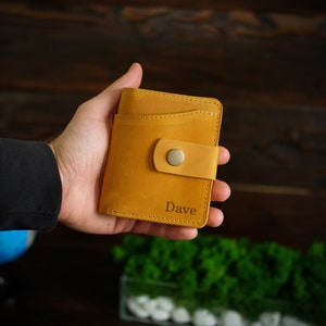 Cartera de bolsillo frontal, cartera de cuero personalizada para hombre, cartera pequeña minimalista plegable, cartera con nombre personalizado para él, regalo para esposo y papá