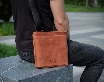 Men's shoulder bag, Leather crossbody bag men, Genuine leather crossbody purse, Small leather purse, Cross body phone bag, Dad gift