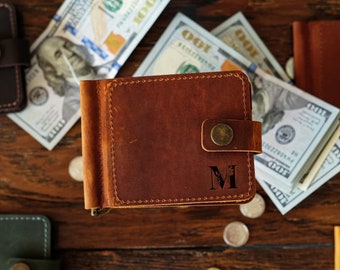 Personalized Leather Money Clip Wallet for Men, Custom Engraved Card Holder for Boyfriend, Gift for Dad or Husband