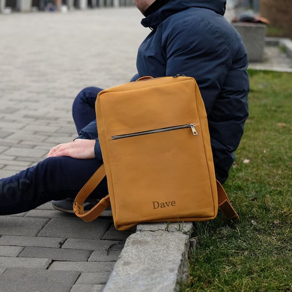 Personalized leather backpack men, Slim laptop backpack man, Mens laptop rucksack, Knapsack for macbook, Gift for husband, Gift for dad