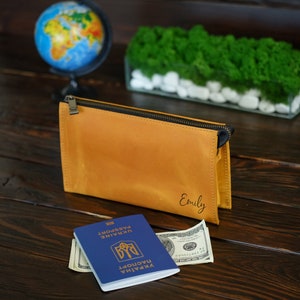 Cartera larga de cuero con cremallera superior, cartera de mano amarilla con asa, monedero con nombre personalizado grabado para mujer, cartera delgada con cremallera para ella