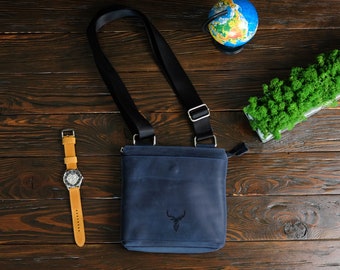 Navy Blue Leather Crossbody Bag Men, Personalized Small Bag, Mens Cross Body Pouch, Crossover Purse, Side Shoulder Bag, Gift for Him