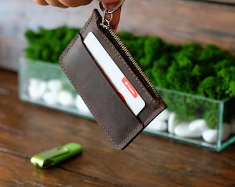 Personalized Leather Keychain Wallet, Zipper Coin Purse, Card Holder, Key Fob