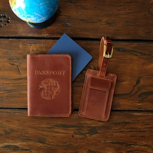 Leren paspoorthouder en reisbagagelabelset, gepersonaliseerde paspoortportemonnee, bagagelabel, reislabel voor bagage, cadeau voor vader echtgenoot