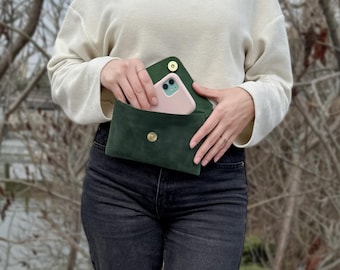 Sac banane en cuir pour femme, véritable sac banane en cuir vert, pochette amovible, modèle 2 en 1