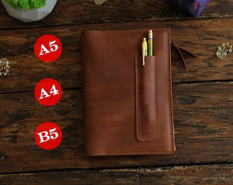 Personalized Leather Notebook Cover A5, Moleskin, Hobonichi Cousin Cover with Pen Holder