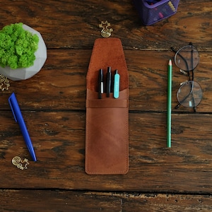 Personalized Leather Pencil Case, Leather Flap Pen Sleeve, Minimalist Pen Holder, School Supplies, Pen Pouch, Pen Case, Coworker Gift