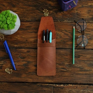 Personalized leather flap pencil case, Pen holder, Minimalist pencil sleeve, School supplies, Pen pouch, Pen case, Coworker gift